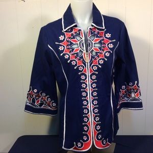 Bob Mackie Navy Blue Embroidered Floral Zip Jacket with Red & White Accents